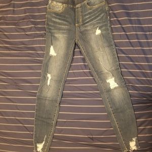 Distressed Mid-Rise Pull-On Denim